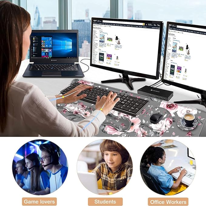 Mouse PadLarge Pink Desk Mat 4in1 XXL Mousepad + Keyboard Wrist Rest+Mouse Wrist Rest+Coaster Set with Ergonomic Desk Pad for Home Office Table Computer-Gray Rose Floral