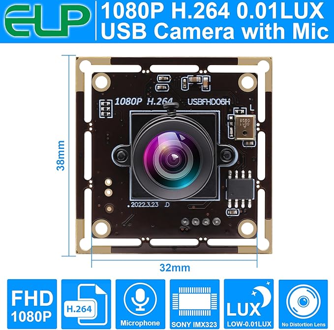 ELP Sony IMX323 Sensor Mini Low Light Wide Angle USB Camera Module with 100degree No Distortion Lens HD 1080P 0.01Lux USB2.0 Video Webcam Board UVC H.264 PC Camera for Computer Laptop