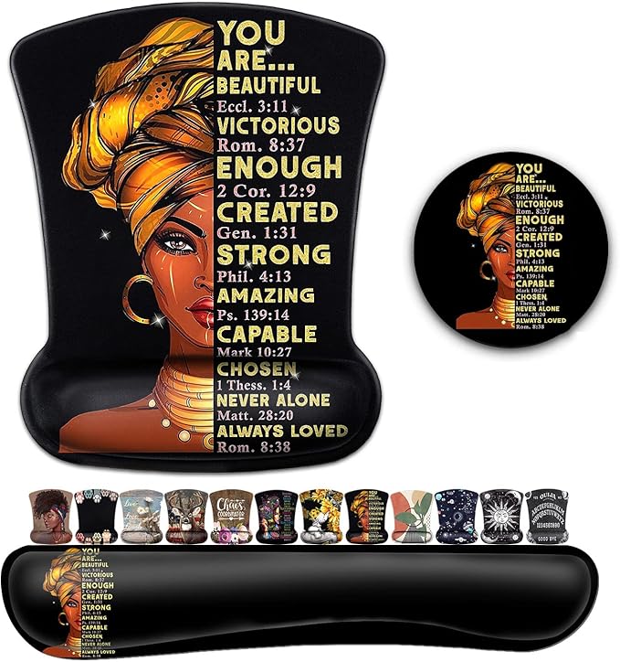 Black Mouse Pad with Stitched Edge Non-Slip Rubber Base African American Wall Art Black Woman Queen PatternOffice Accessories Desk Decor for Computers Mouse Pad and Keyboard Wrist Guard Set