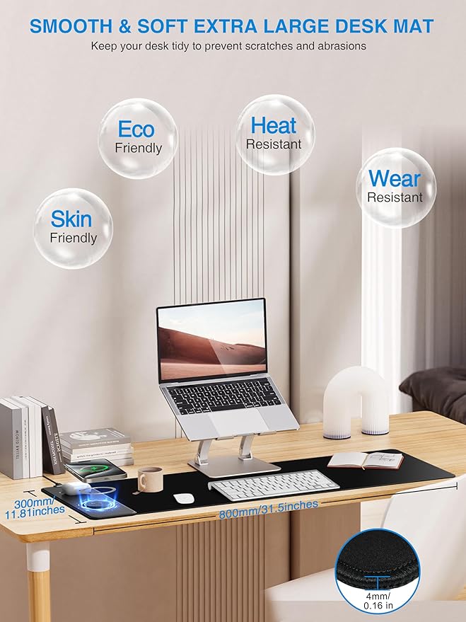 TopMade Mouse Pad with 15W Fast Wireless Charging 31.5x11.81 XL Large Gaming Mousepad Waterproof Desk Pad Classic Black Computer Desk Mat(Includes 20W PD Power Adapter &amp 6.56ft Woven Cable)
