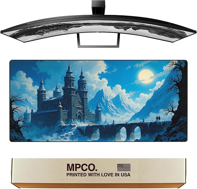 MPCO. Dark Fantasy Large Gaming Desk Pad - 36 x 17 Duraglyde Fabric The Frost King’s Castle Desk Mats - Non-slip Washable Smooth Glide for Precision Gaming &amp Work