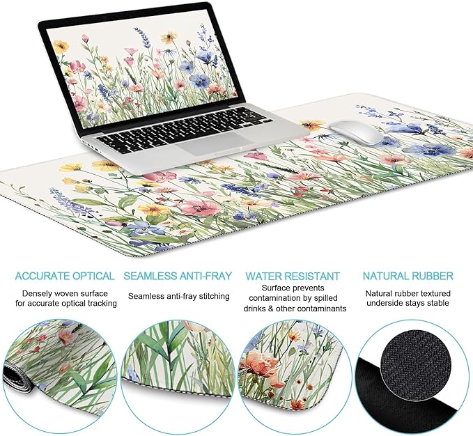 Flower Mouse Pad Set Large Desk Matt for Desktop Ergonomic Mouse Pad with Wrist Rest Gaming Wrist Support Keyboard Mat Cup Coaster Set Cute Office Desk Decor Accessories