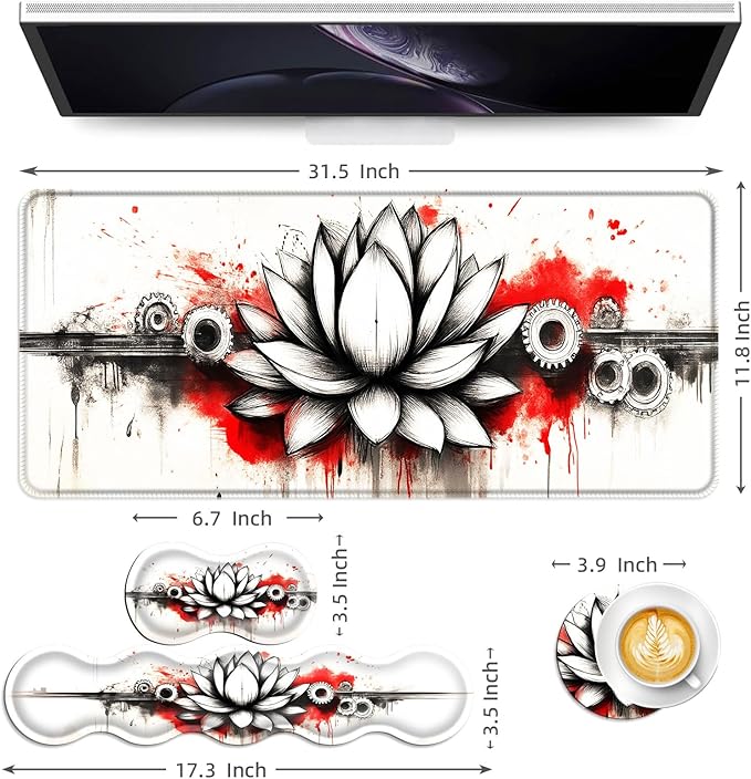 Keyboard Mouse Pad Set Extended Gaming Mouse Pad+Ergonomics Keyboard Wrist Rest Support Memory Foam Easy Typing Pain Relief 4Pcs XL Ultra Thick Desk MatLotus and Gears