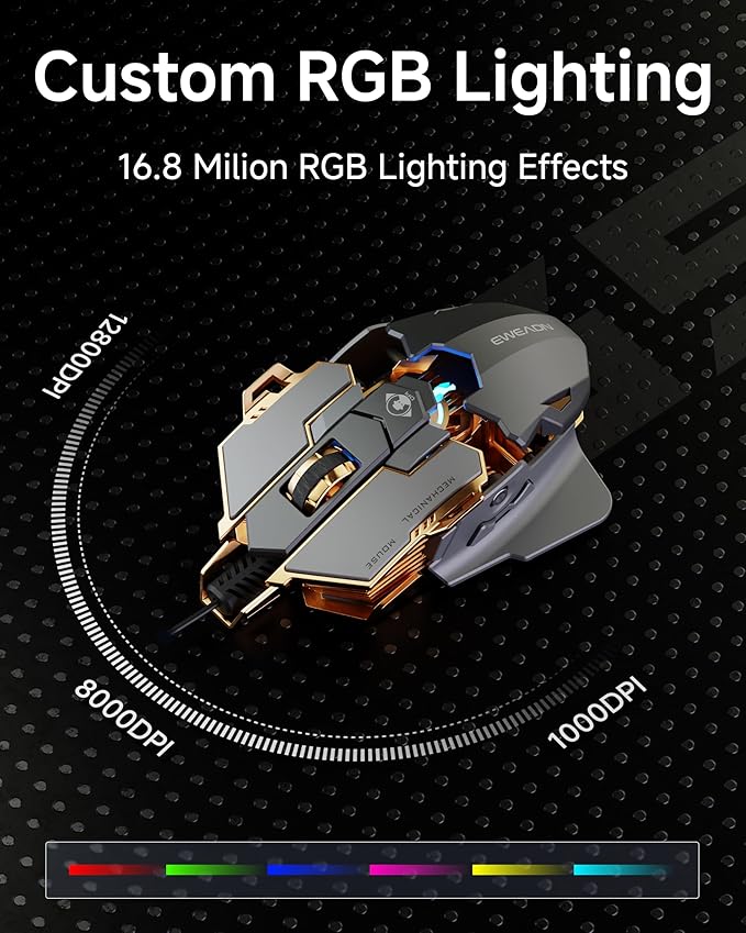 EWEADN G5 Wired Gaming Mouse Ergonomic RGB Computer Mouse 12800 Adjustable DPI 9 Programmable Macro Buttons with Rapid Fire Key Compatible for PC/Laptop/Windows-Grey