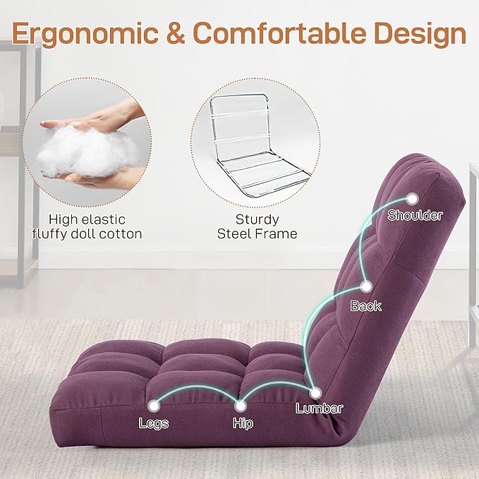 Floor Chair with Back Support Folding Chair with 6 Adjustable Position Padded Sleeper Bed Floor Gaming Chair Meditation Chair for Adults
