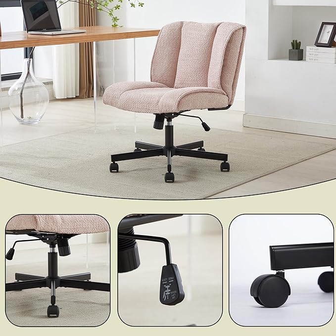 DHAEY Office Desk Armless Chair Cross Legged Office Chair Wide Comfty Desk Chair with No Wheels Modern Height AdjustableSwivel Fabric Vanity Chair Computer Task Chair for Home Office Pink