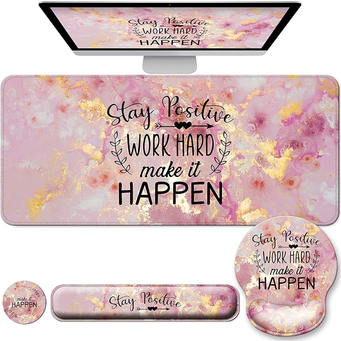 Desk Mat Set + Keyboard and Mouse Pad with Wrist Rest Support4-in-1 Large Mousepad Computer Mats for Desktop Home &amp Office-Pink Positive