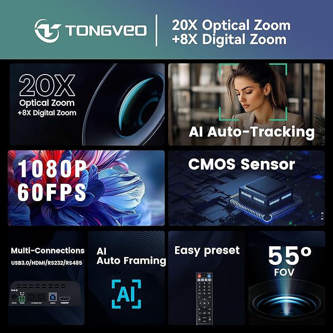 TONGVEO Conference Room PTZ Camera System with 20X Optical Zoom AI Auto Tracking 1080P 60fps HDMI USB Webcam for Church Streaming Online Video ConferenceCompatible with Zoom OBS Easy Setup