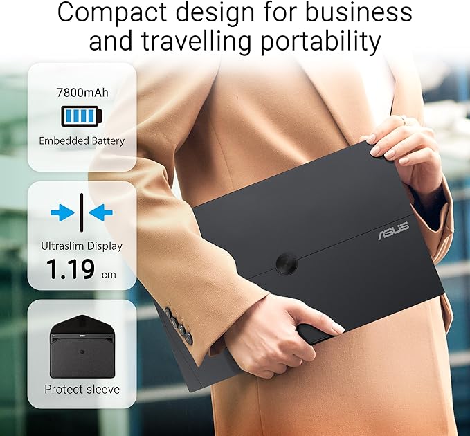 ASUS ZenScreen Touch 16” USB-C Portable Monitor (MB16AMTR) - Full HD IPS Built-in Battery Kickstand Tripod Socket Eye Care Compatible with Laptops Smartphones and Game Consoles 3 yr Warranty