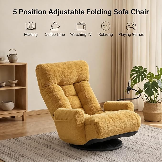 Gaming Chair Floor Sofa Gaming Lounge Chair with 14-Section Head &amp 3-Section Waist Adjustment 360° Swivel &amp Spring Seat for Gaming Napping Reading Dorm Small Apartment (Yellow)