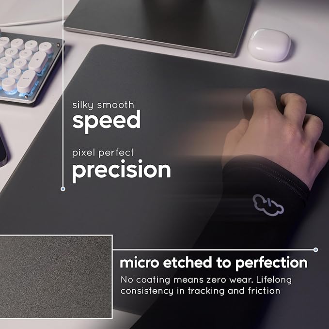 Qloud Glass Mouse Pad Large Pro Esports Glass Mousepad Gaming Pad for Speed and Precision Glasspad Mousepad Includes Gaming Sleeve Ice Dot Skates and Microfiber Cloth 17.72 x 14.96 (03 - Gray)