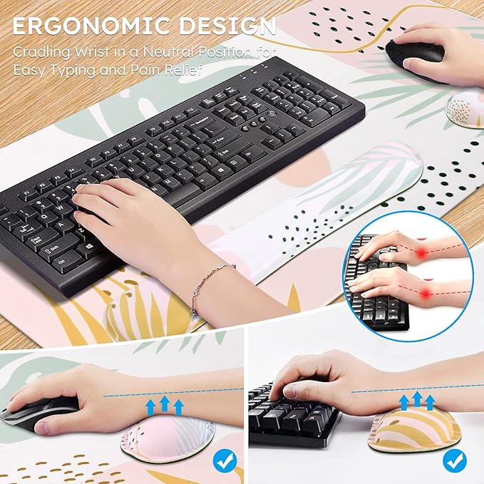 iCasso Desk Pad Mat Big Ergonomic Mouse Pad+ Keyboard Pad+Wrist Rest Easy Typing Pain Relief 3Pcs (35.4×15.7 in) Keyboard Mat Desk Mat for Keyboard and Mouse (Morlandi)