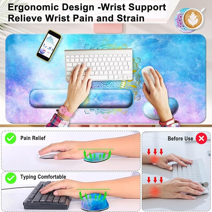 Keyboard Wrist Rest + Mouse Pad with Wrist Support + Desk Mat + Coaster 4 in 1 Set XXL Large Gaming Mousepad Cute Ergonomic Mouse Pads for Desk Computer Laptop Office Decor-Star Mandala