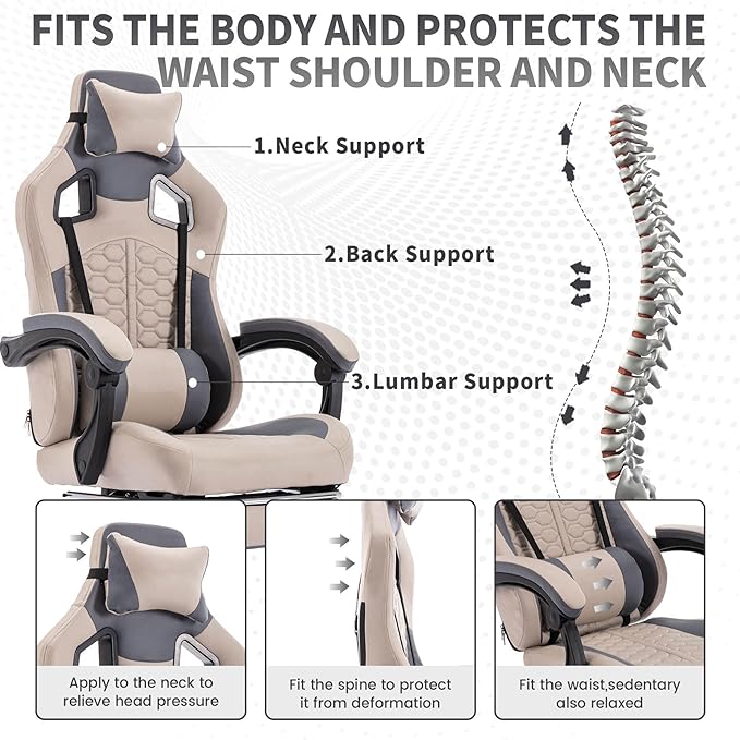 360° Swivel Gaming Chair for Adults with Pull-Out Footrest Ergonomic Video Game Chair with Headrest and Massage Lumbar Support Height Adjustable Computer Chairs for Office or Gaming Khaki
