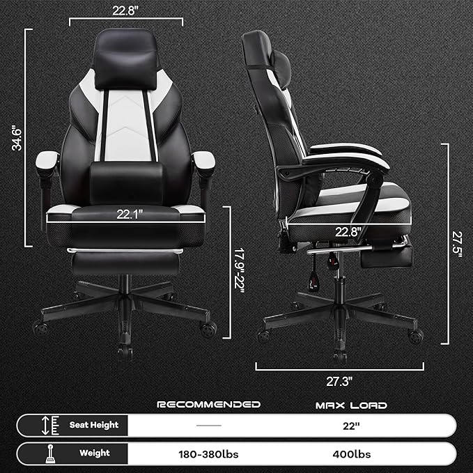 Gaming Chair for Adults Gaming Chairs with Footrest Ergonomic Video Game Chair with Massage Lumbar Big and Tall Computer Chair Height Adjustable with Headrest and 360° Swivel Seat White