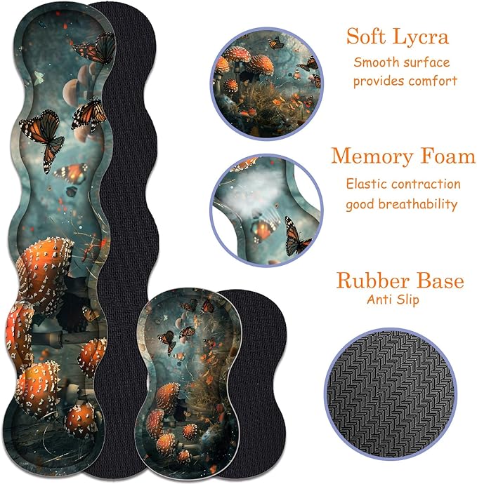Large Gaming Mouse Pad + Keyboard Wrist Rest + Wrist Support + Coaster Set Memory Foam Ergonomic for Easy Typing XXL Extended Gaming Mouse Pad Table Pad - Mushroom Forest Butterfly