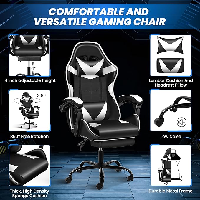 Gaming Chair Ergonomic Computer Chair with Footrest and Lumbar Support Height Adjustable Office Chair with 360° Swivel Seat and Headrest