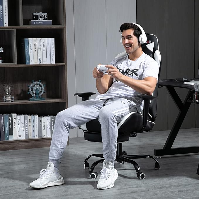 Massage Gaming Chair w/Footrest Video Racing Chair PC High Back Desk Computer Chair PU Leather Recliner w/Headrest and Lumbar Pillow White
