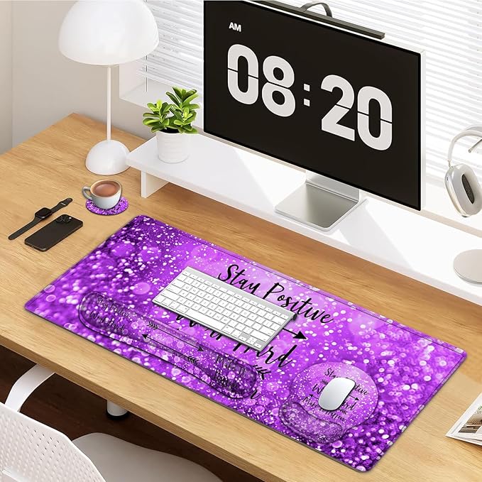 Large Mouse Pad Ergonomic Mouse Pad with Wrist Rest and Keyboard Wrist Rest 4 in 1 Set 31.5 x11.8 inch Extended Desk Pad for Home Office Work Hard Quotes Purple Gradient Gilt XXL Gaming Mouse Mat