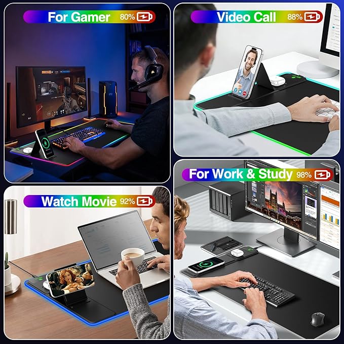 XXL RGB LED Gaming Mouse Pad with Magnetic Wireless Charger &amp Foldable Phone Holder 31.5x15.8 Extended Ultra-Smooth Desk Mat 25 Lighting Effects Non-Slip Base Includes 20W PD Adapter