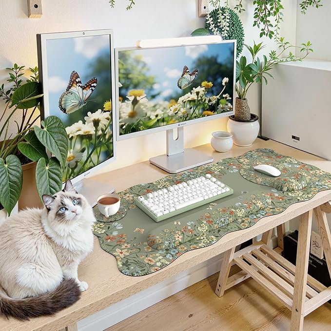 iCasso Desk Mat SetLarge Mouse Pad with Wrist RestErgonomic Keyboard Wrist Support for WomenGirly Floral Computer Mat with Scalloped EdgesNon-Slip Desk Pad Home Office Gaming (Green)