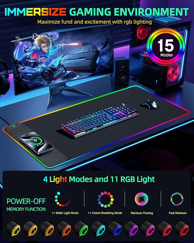 Wireless Charging Mouse Pad RGB Gaming Desk Mat 31.5x15.7 Large XXL Desk Pad 15 Lighting Modes Ultra-Smooth Surface Non-Slip Mouse Mat Waterproof Computer Keyboard Pad for Desk Office Black
