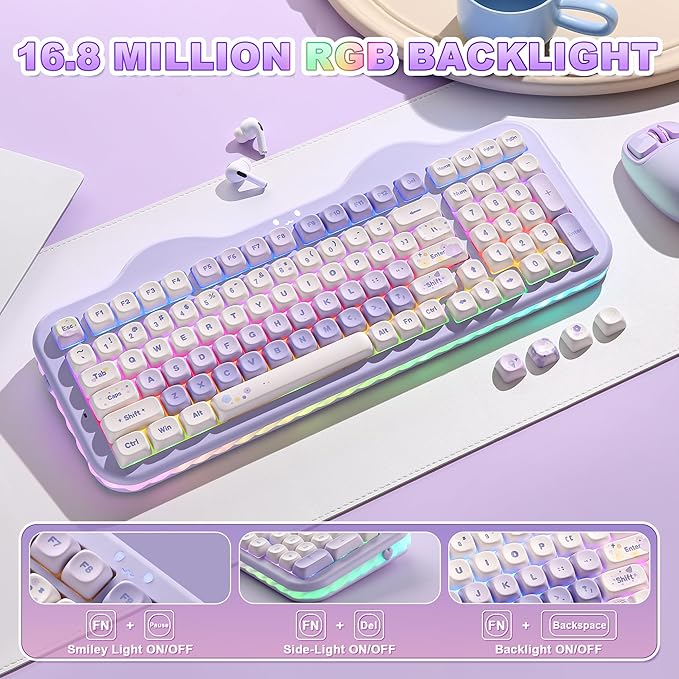 YUNZII C98 Wireless Mechanical Keyboard with Number Pad99 Key BT5.0/2.4G/USB-C Hot Swap Gasket Mount with PBT MOA KeycapsCustom RGBCute Cake Keyboard for Win/Mac (Purple Candy Linear Switch)