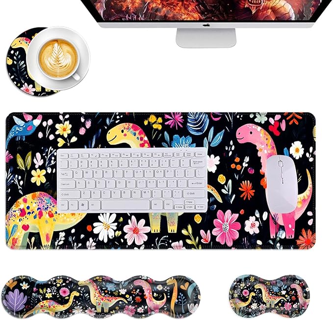 Mouse PadLarge Desk Mat Set 4in1 XL Mousepad + Keyboard Wrist Rest+Mouse Wrist Rest+Coaster with Ergonomic Desk Pad for Home Office Table Computer Cover -Colorful Floral Dinosaurs Art