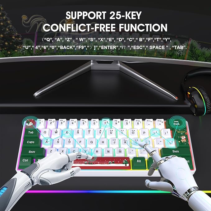 Snpurdiri 60% Wired Gaming Keyboard RGB Backlit Small Ultra-Compact 61 Keys 60 Percent Gaming Keyboard for PC/Mac Gamer Typist Travel Easy to Carry on Business Trip(Red Green White)