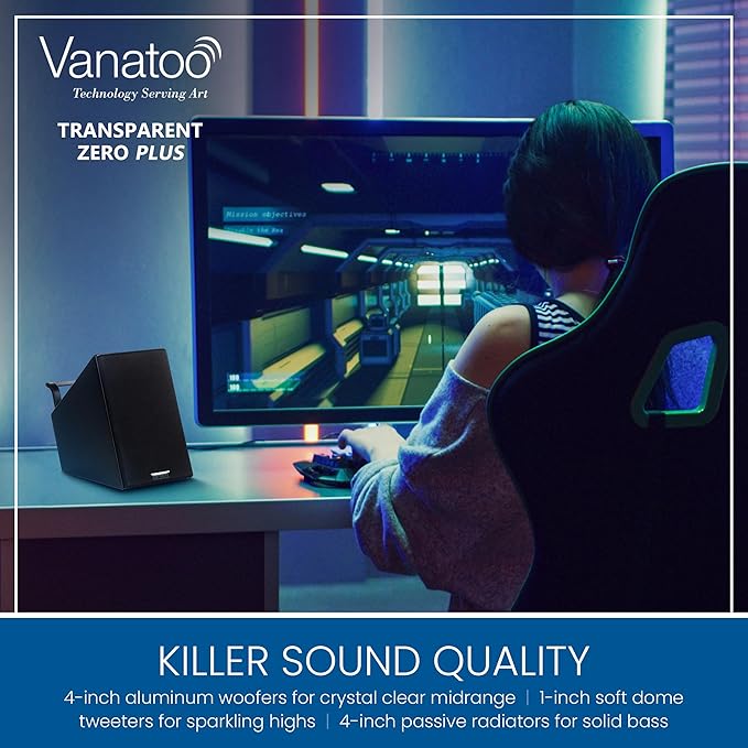 Vanatoo Transparent Zero Plus Near Field Studio Monitor Speakers Pair for TV PC Gaming. 120 Watt Powered Speakers for Desktop and Room use. AUX USB Bluetooth Toslink Optical Remote Control.