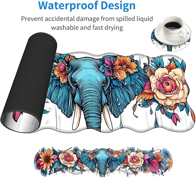 Large Mouse Pad and Keyboard Wrist Rest Desk Pad for Keyboard and Mouse 4-in-1 Large Gaming Mouse Pad with Wrist Support Desk Mat for Home Office Study Game-Floral Elephant