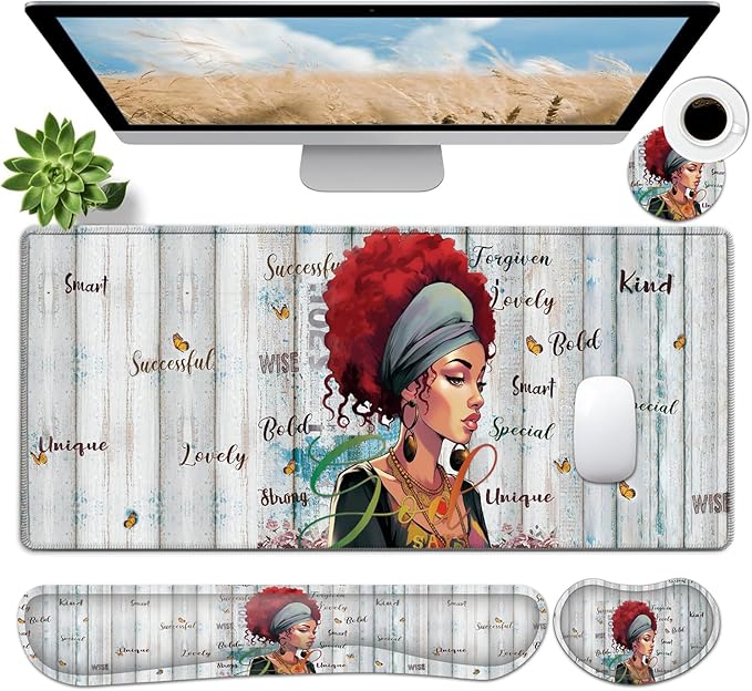 JVGFYNKL Large Gaming Mouse Pad Set Ergonomic Memory Foam Keyboard Wrist Rest Support + Mouse Wrist Rest + Extended Desk Mat with Non-Slip Rubber Base Cartoon African Girl Pattern Desk Pad