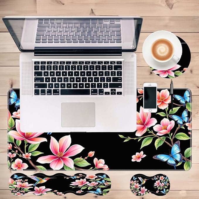 Keyboard Mouse Pad SetLarge Desk Pad+Keyboard Wrist Rest+Mouse Wrist Support+CoasterEasy Typing Pain Relief Non-Slip Wrist Support Mousepad Set Home OfficeHummingbird Blossom