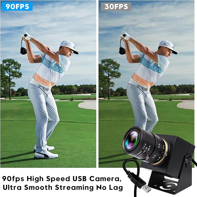 90fps Global Shutter High Speed USB Camera 2.8-12mm 4X Manual Zoom Varifocal Lens 1200P Golf Swing Camera Plug &amp Play for Laptop Raspberry Pi Mac OS &amp Jetson Nano