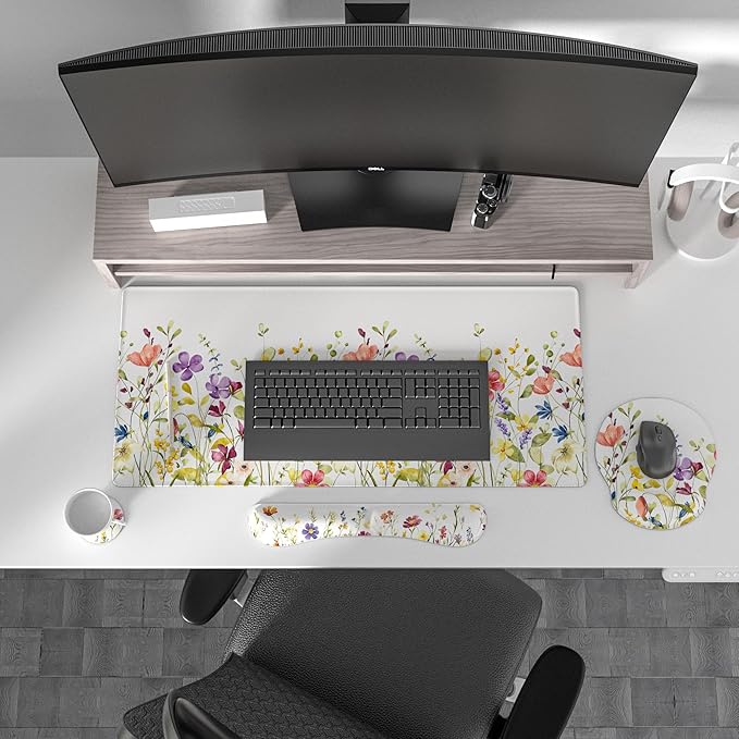 Ovenbird Mouse Pad Set 4-in-1 | Large Gaming Mousepad Keyboard Wrist Rest Mouse Wrist Support Coaster | Ergonomic Office Desk Mat Accessories for Women Men | 4PCS 35.4 x 15.7in White Floral