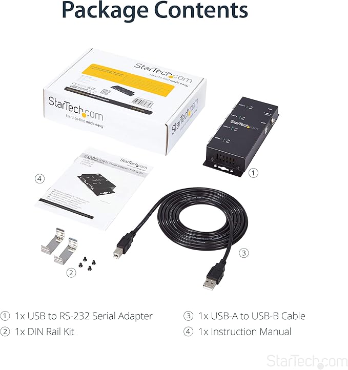 StarTech 4 Port USB to Serial RS232 Adapter - Wall Mount - Din Rail - COM Port Retention - FTDI USB to DB9 RS232 Hub TAA (ICUSB2324I)