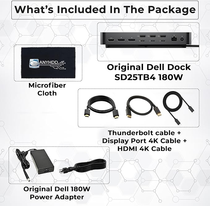 Dell SD25TB4 Pro Thunderbolt 4 Smart Dock - Supports 8k Display 3 Years Warranty with 180W Adapter HDMI DisplayPort Thunderbolt Cable Cloth - USB C Docking Station Hub with Accessories