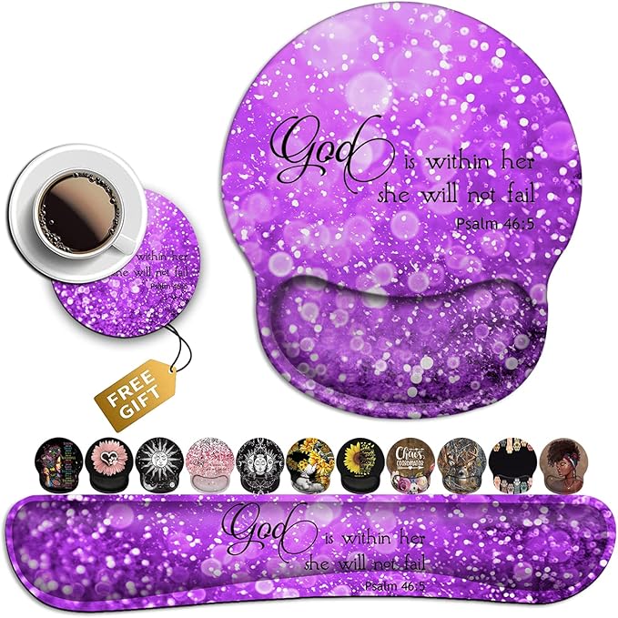 Mouse Pad with Wrist Support Ergonomic Gel Mouse Pad Memory Foam Keyboard Wrist Rest Suitable forfor Women Office Typing Games Desktop Decoration Beautiful Purple Glitter and Psalm 46:5 Bible