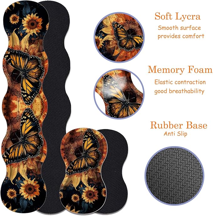 Large Gaming Mouse Pad + Keyboard Wrist Rest + Wrist Support + Coaster Set Memory Foam Ergonomic for Easy Typing XXL Extended Gaming Mouse Pad Table Pad - Sunflower and Butterfly