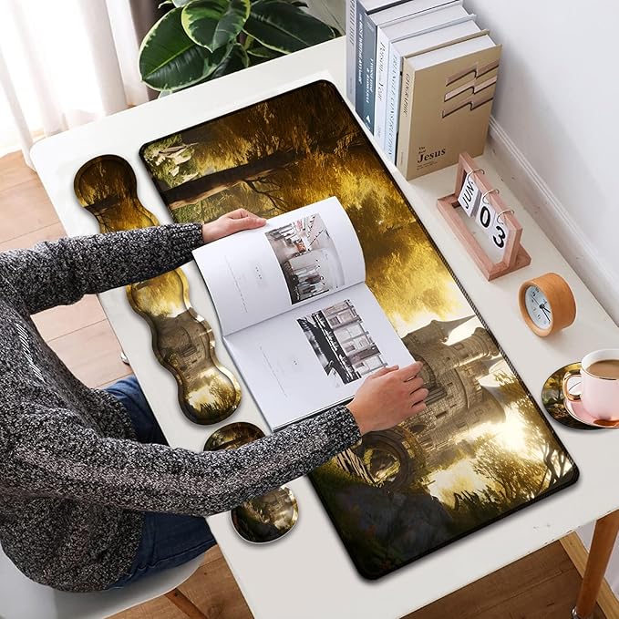 Mouse Pad Combo Large Gaming Mouse Pad + Keyboard Wrist Support + Mouse Wrist Rest + Coaster Table Pad 31.5 x 11.8 with Memory Foam Ergonomic Wrist Pad Set Fairytale Castle