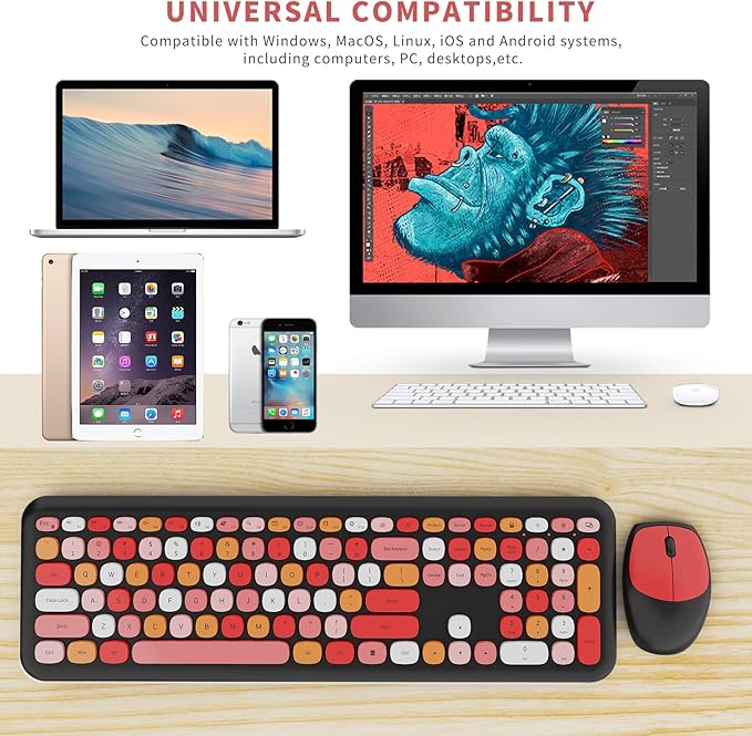 Wireless Keyboard and Mouse Combo Colorful Ergonomic Full Size Retro Low-Noise Keyboard with Cute keycaps Compatible with Windows PC Perfer for Home and Office Keyboards (Black)
