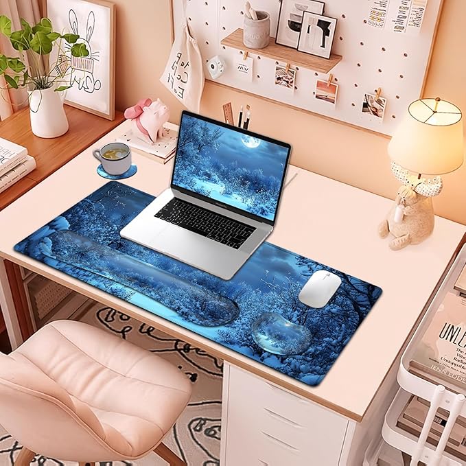 Large Mouse Pad + Keyboard Wrist Rest Set Extended Gaming Mousepad (31.5X11.8 inch) with Non-Slip Rubber Ergonomics Memory Foam Mouse Wrist Rest Support Winter Snow Tree XXL Desk Pad