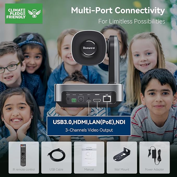 Tenveo 4K NDI PTZ Camera AI Humanoid &amp Face Auto-Tracking 20X Optical + 8X Digital Zoom USB3.0/HDMI/LAN PoE IP Live Streaming for Church Worship Broadcast Events Video Conference YouTube OBS