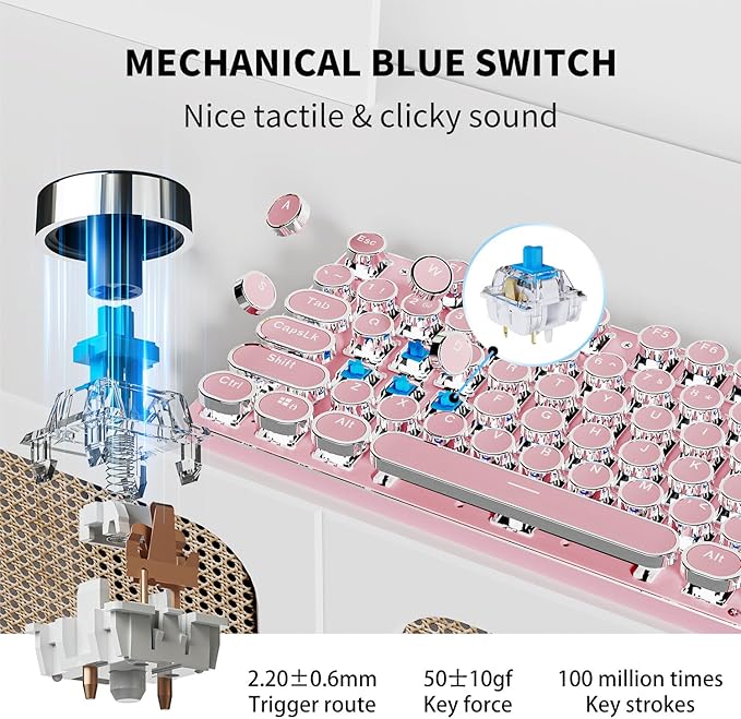 TK950 Wireless Typewriter Keyboard and Mouse Combo 104 Keys Retro Typewriter Mechanical Keyboard with White Backlit Anti-Ghosting Blue Switch Bluetooth/2.4G/Wired Cute Gaming Keyboards-Pink