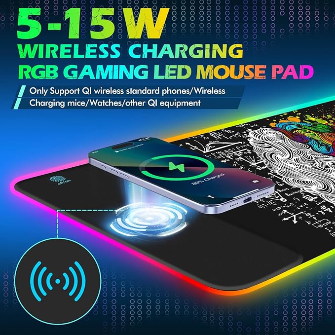 ToLuLu RGB Gaming Wireless Charging Mouse Pad 7.5/10/15W 10 Light Modes LED Mouse Pad Computer Keyboard Mat Mousepad 800x300x4MM Extended Large Desk Mat for Gaming MacBook Laptop PC Human Brain