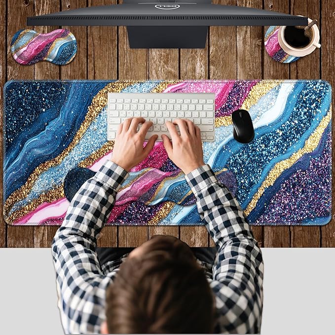 Ergonomic Keyboard Wrist Rest &amp Mouse Pad Wrist Rest SetXL Gaming Desk Mat 31.5x 11.8Non-Slip BaseMemory FoamEasy Typing Pain Relief for Office &amp HomePink Blue Gold Glitter