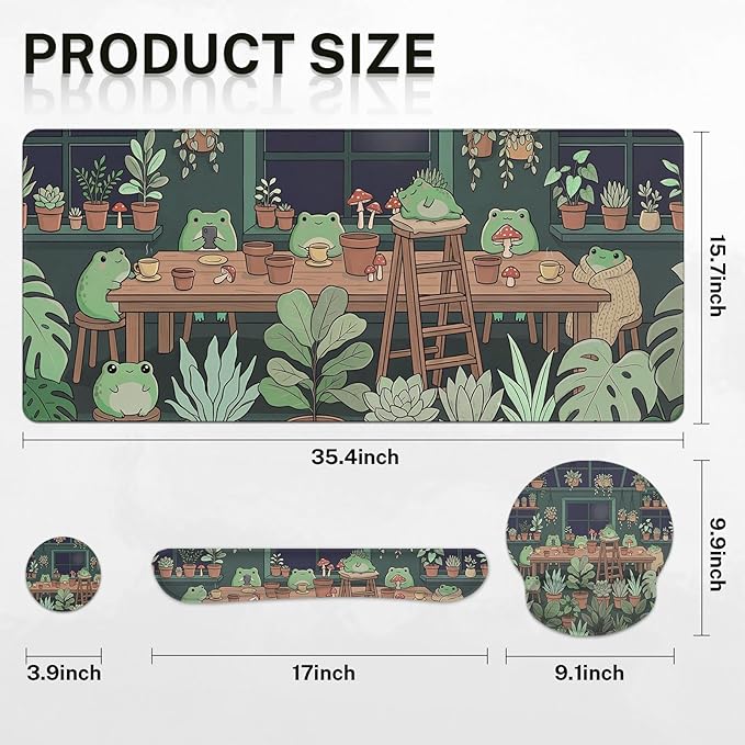 Britimes Cute Frog Summer Keyboard Mouse Pad Set Kawaii Green 4in1 Large Mousepad+Keyboard Wrist Rest+Mouse Wrist Rest+Coaster Ergonomic Design for Home Office Computer 35.4x15.7 inches