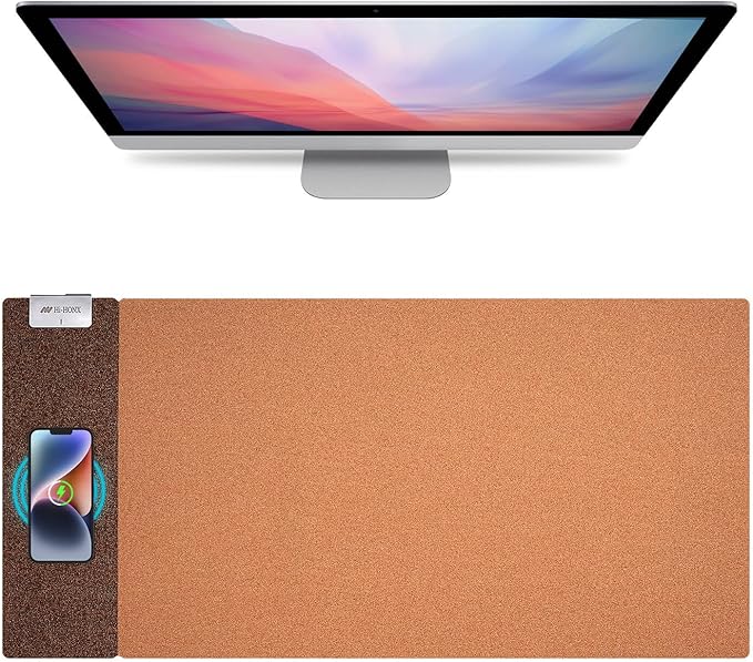 3-in-1 Eco Cork Wireless Charging Mouse Pad Dual-Sided Fast Charge Mouse Mat Extra Large Waterproof Office &amp Makeup Desk Protector Qi-Certified Desk Pad for iPhone/Samsung/AirPods