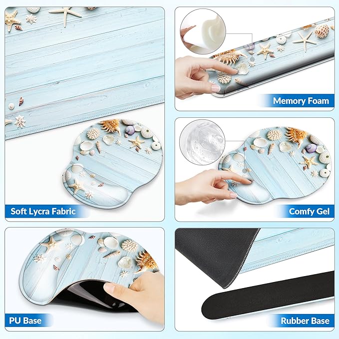 Desk Mat Set + Keyboard and Mouse Pad with Wrist Rest Support4-in-1 Large Mousepad Computer Mats for Desktop Home &amp Office-Blue Shells