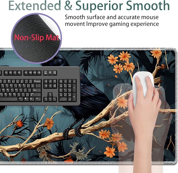 Large Gaming Mouse Pad + Keyboard Wrist Rest + Wrist Support + Coaster Set Memory Foam Ergonomic for Easy Typing XXL Extended Gaming Mouse Pad Table Pad - Branch Crow